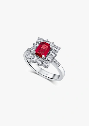BUGANVILLA 18K white gold ring with a rectangular rosette of diamonds and ruby