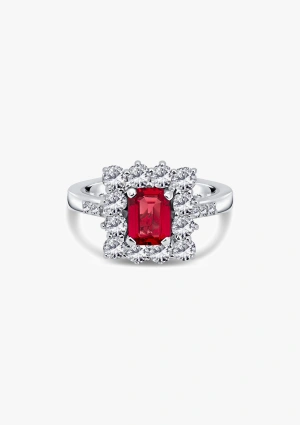 BUGANVILLA 18K white gold ring with a rectangular rosette of diamonds and ruby 2