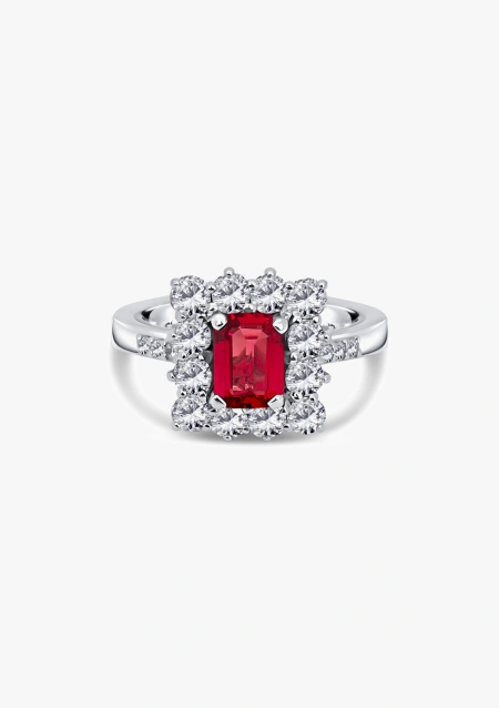BUGANVILLA 18K white gold diamonds and ruby rosette ring.