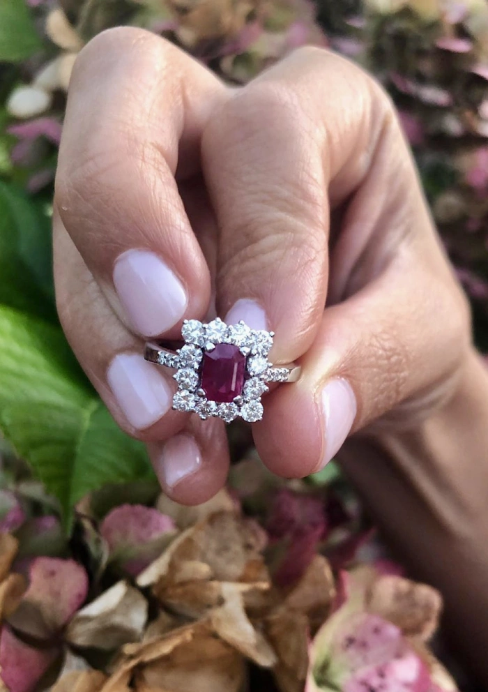 BUGANVILLA 18K white gold diamonds and ruby rosette ring.