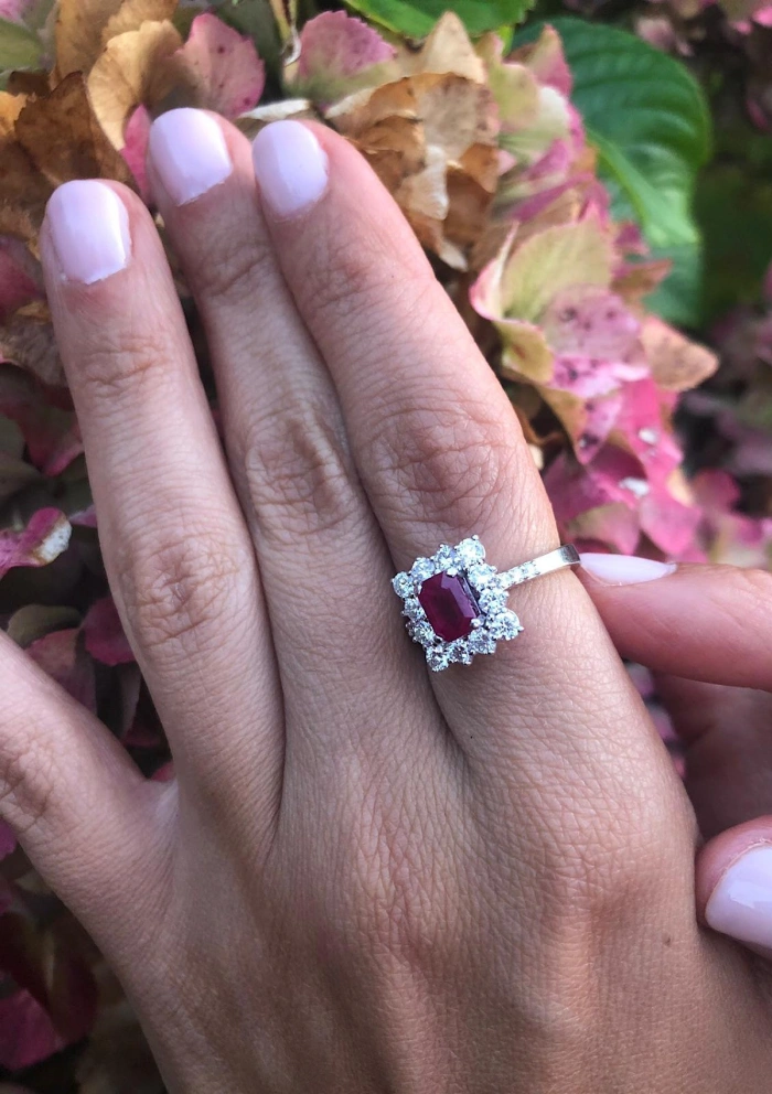 BUGANVILLA 18K white gold diamonds and ruby rosette ring.