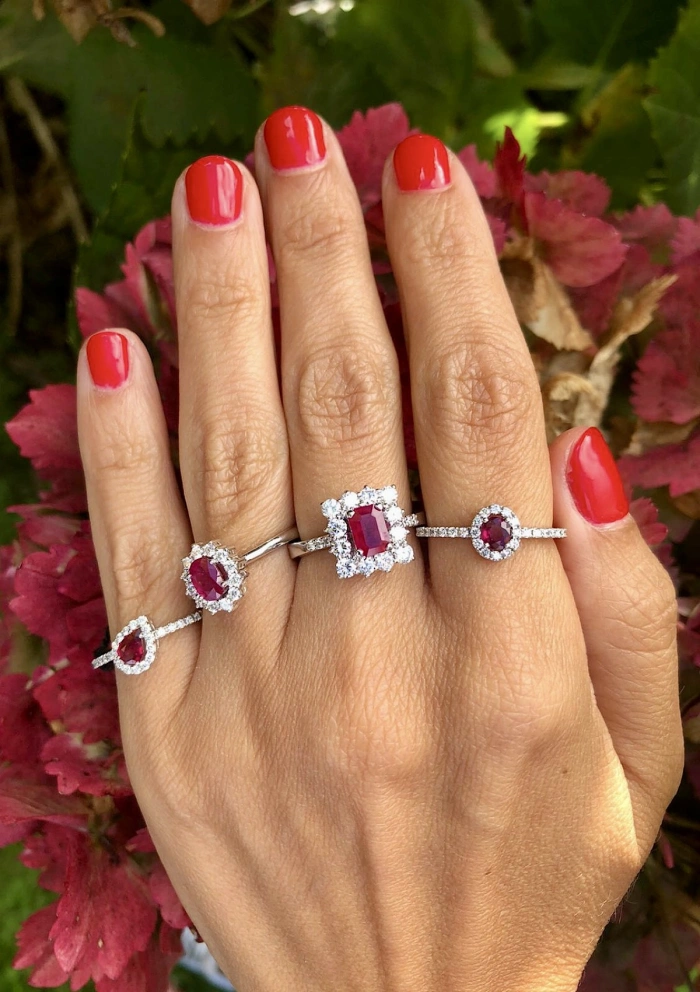 BUGANVILLA 18K white gold diamonds and ruby rosette ring.