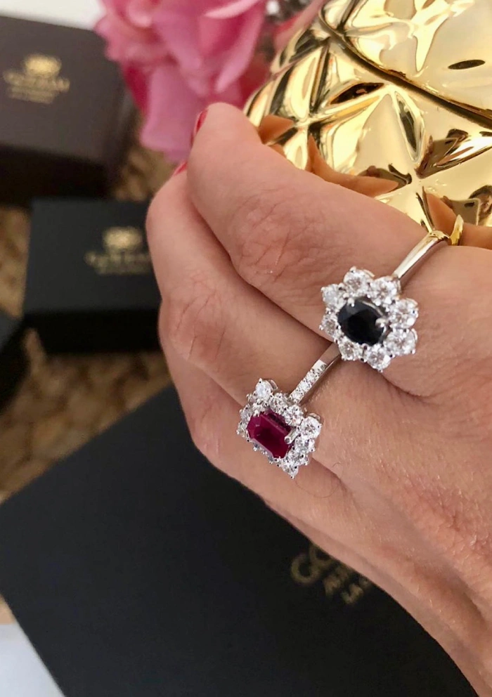 BUGANVILLA 18K white gold diamonds and ruby rosette ring.