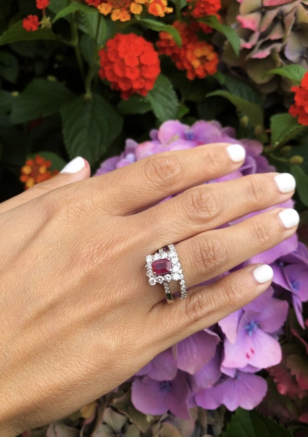 BUGANVILLA 18K white gold diamonds and ruby rosette ring.