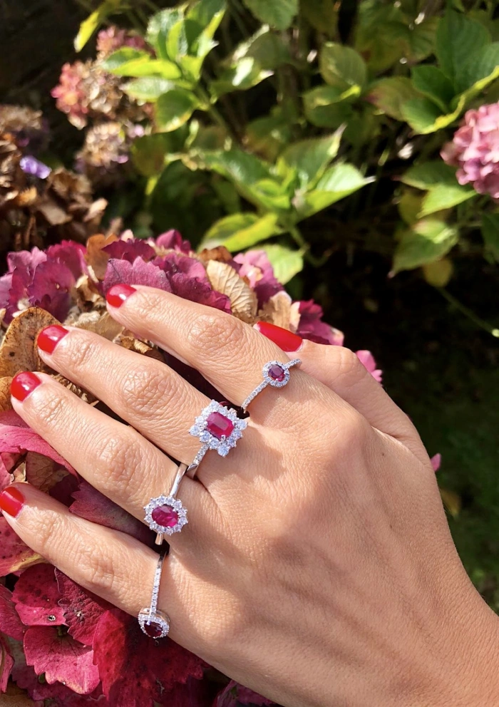 BUGANVILLA 18K white gold diamonds and ruby rosette ring.