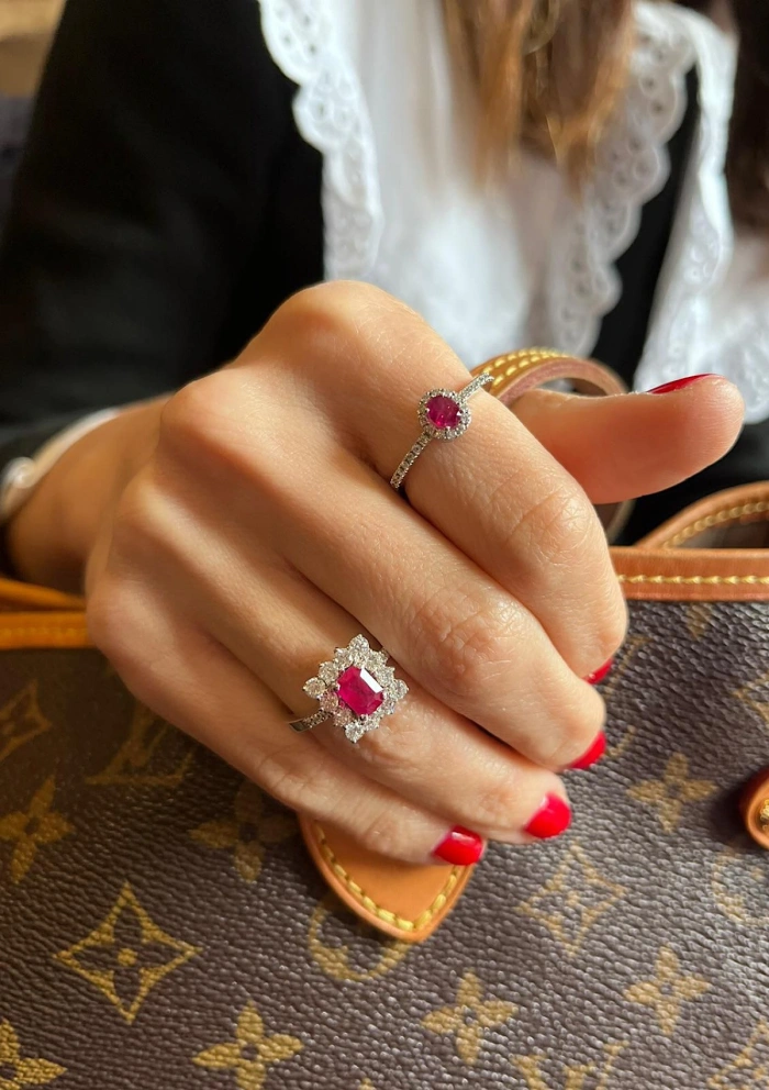 BUGANVILLA 18K white gold diamonds and ruby rosette ring.