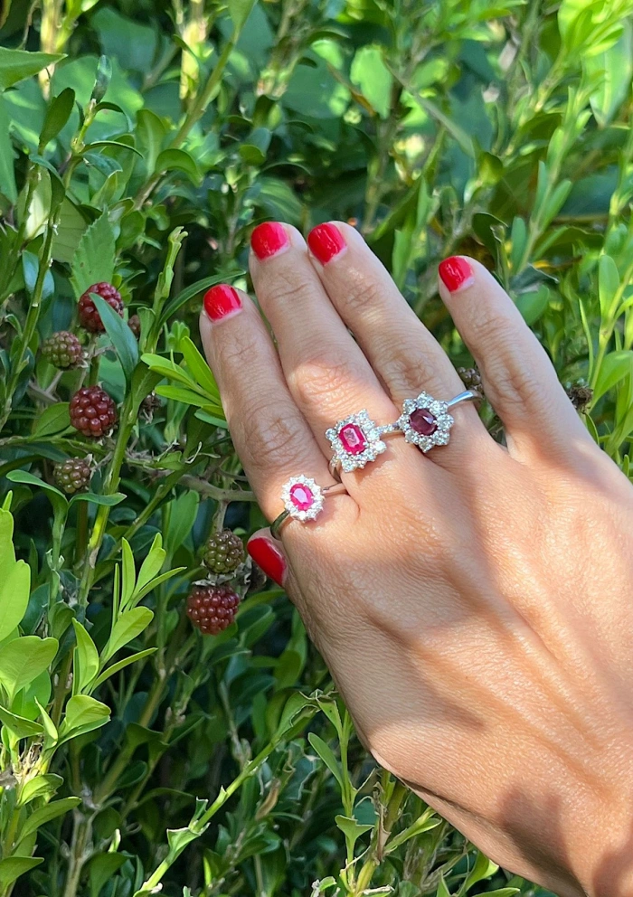 BUGANVILLA 18K white gold diamonds and ruby rosette ring.
