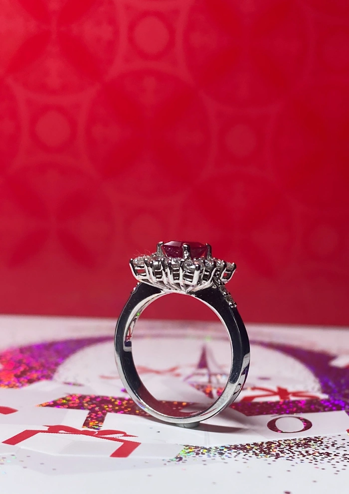BUGANVILLA 18K white gold diamonds and ruby rosette ring.