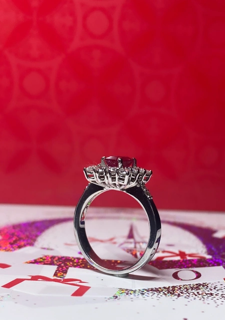 BUGANVILLA 18K white gold diamonds and ruby rosette ring.