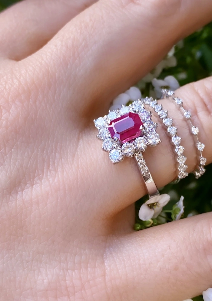 BUGANVILLA 18K white gold diamonds and ruby rosette ring.