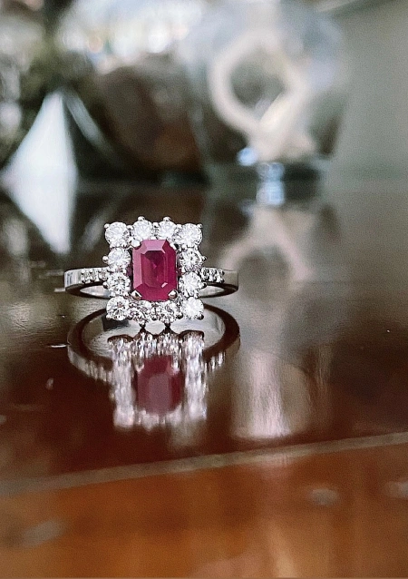 BUGANVILLA 18K white gold diamonds and ruby rosette ring.