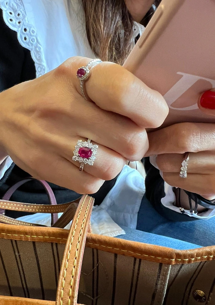 BUGANVILLA 18K white gold diamonds and ruby rosette ring.