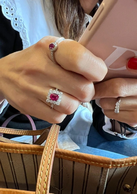 BUGANVILLA 18K white gold diamonds and ruby rosette ring.