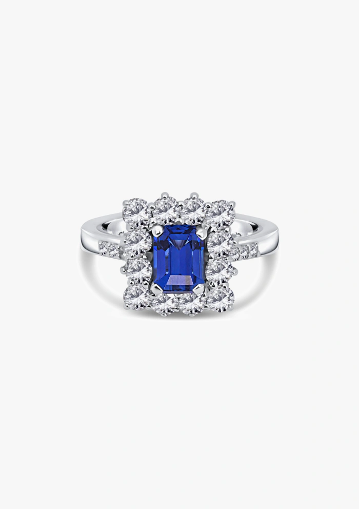 Anillo BUGANVILLA en oro blanco de 18K con roseta de diamantes y zafiro azul|Anillos con Zafiros|Godiam Alta Joyería