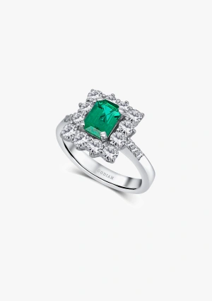 BUGANVILLA 18K white gold with brilliant cut diamonds and emerald ring