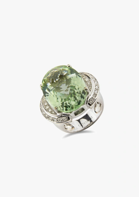 POMERANIA 18K white gold with brilliant cut diamonds and green briolette amethyst maxi ring