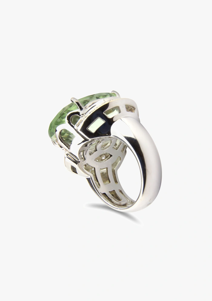 POMERANIA 18K white gold diamonds and green amethyst ring.