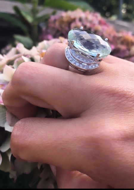 POMERANIA 18K white gold diamonds and green amethyst ring.