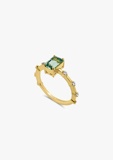 Anillo MIRANDA en oro amarillo de 18K con diamantes talla brillante y turmalina verde azulada talla