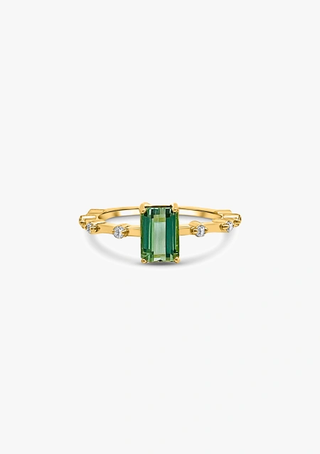 Anillo MIRANDA en oro amarillo de 18K con diamantes y turmalina verde-azulada|Anillos con Otras Gemas Naturales|Godiam Alta Joyería