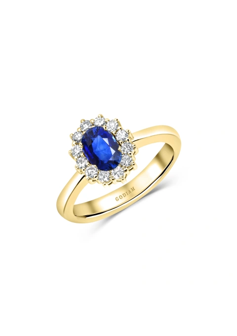 Anel MELROSE em ouro de 18K com roseta de diamantes de lapidaçao brilhante e safira azul, rubi ou esmeralda