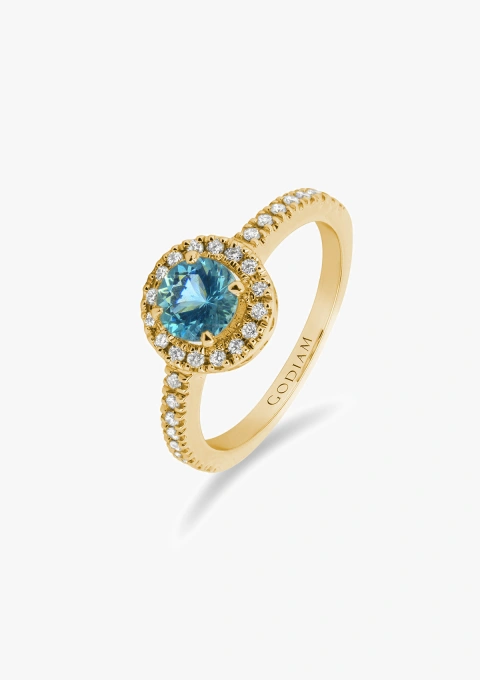 Anillo AMALFI en oro amarillo de 18K con diamantes talla brillante y aguamarina