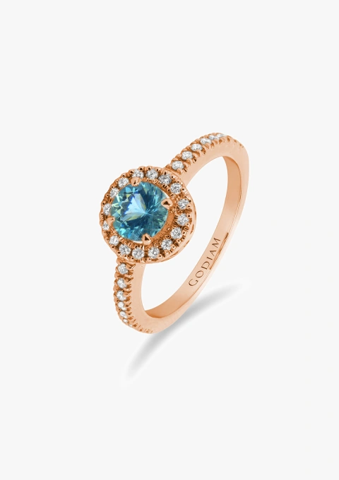 AMALFI 18K rose gold halo ring with brilliant cut diamonds and aquamarine