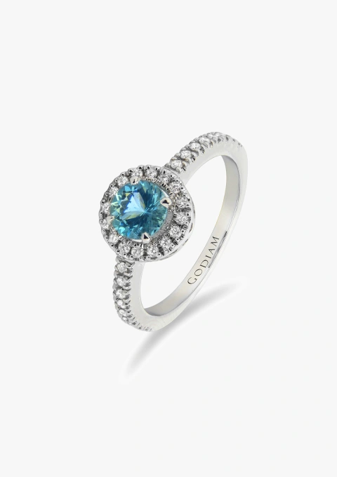 AMALFI 18K white gold halo ring with brilliant cut diamonds and aquamarine