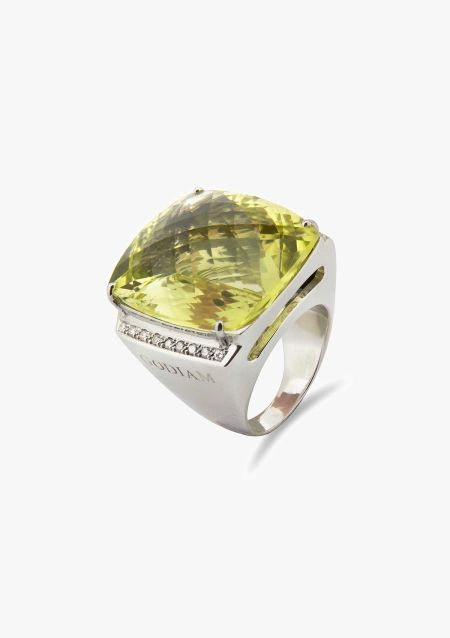 Anillo KATERINA en oro blanco de 18K con diamantes talla brillante y cuarzo limón briolette