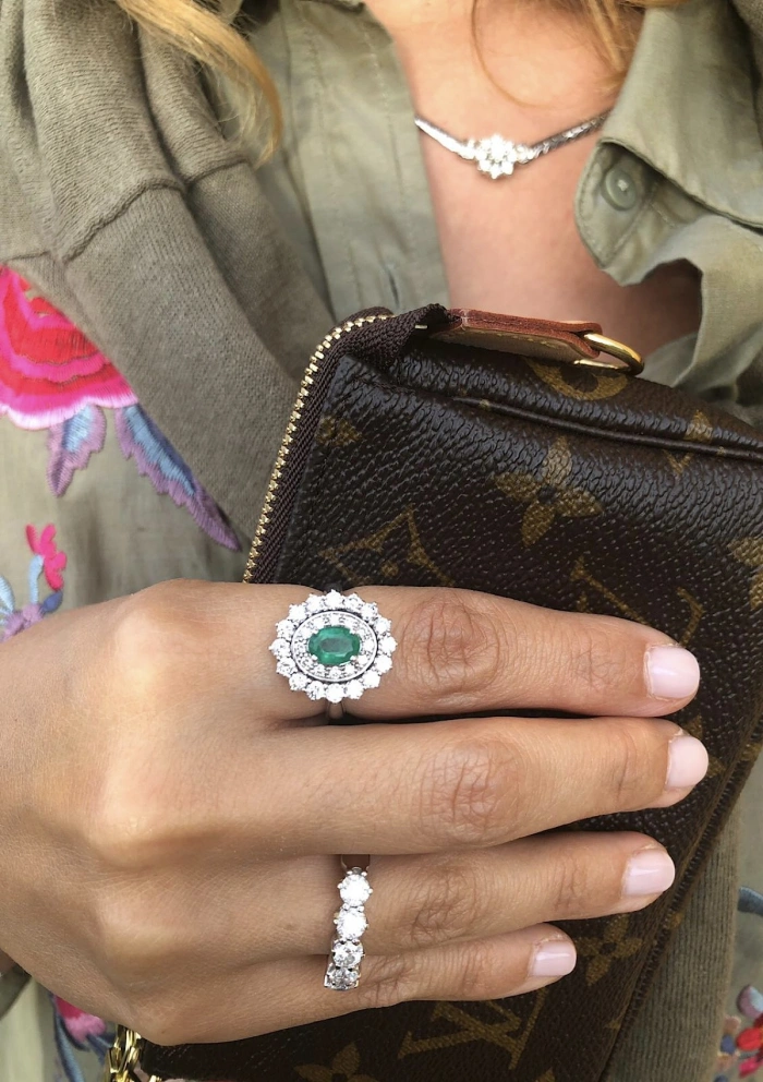 ELIZABETH 18K white gold with diamonds and emerald ring.