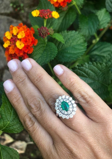 ELIZABETH 18K white gold with diamonds and emerald ring.