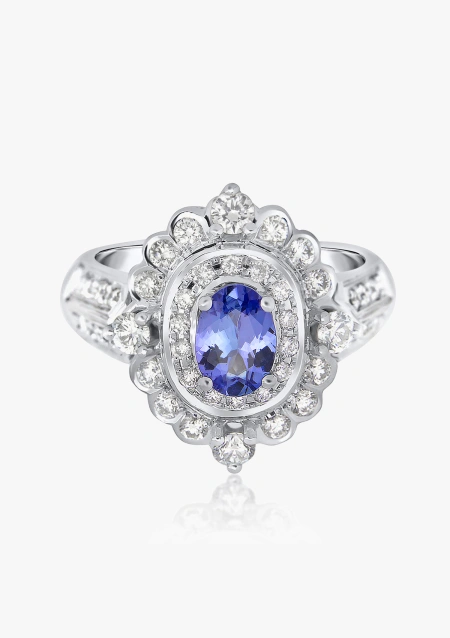 Anel ROSA em ouro branco 18K com diamantes e tanzanita.