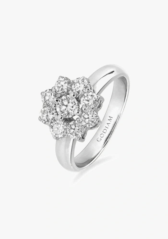 Anillo IRIA en oro blanco de 18K y roseta de diamantes|Anillos de Compromiso|Godiam Alta Joyería
