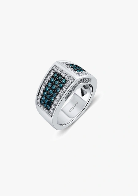 Anillo KEOPS en oro blanco 18K con pavé de diamantes talla brillante azules y blancos
