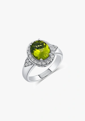 Bague ROMA en or blanc 18K avec halo de diamants taille brillant et péridot taille ovale centrale