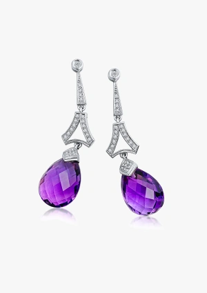 EIFFEL 18K white gold with brilliant cut and briolette almond amethyst drops long earrings
