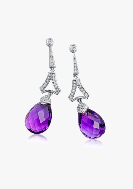 Pendientes largos EIFFEL en oro blanco 18K con diamantes y amatistas