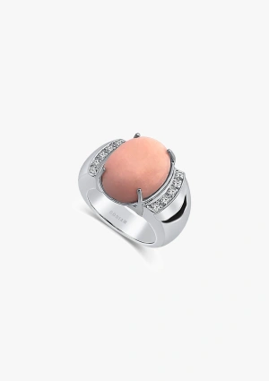Anillo IRENE en oro blanco de 18 quilates con diamantes y coral rosa oval