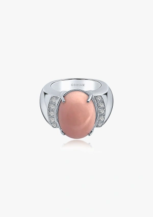 Anillo IRENE en oro blanco de 18 quilates con diamantes y coral rosa oval 2