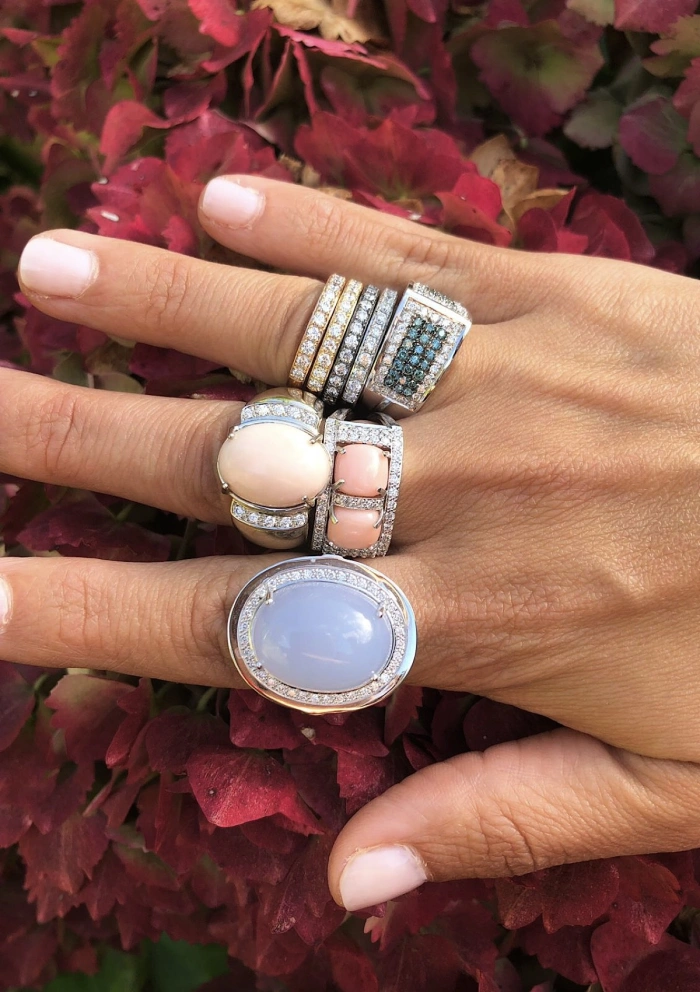 IRENE 18K white gold with diamonds and pink coral ring.