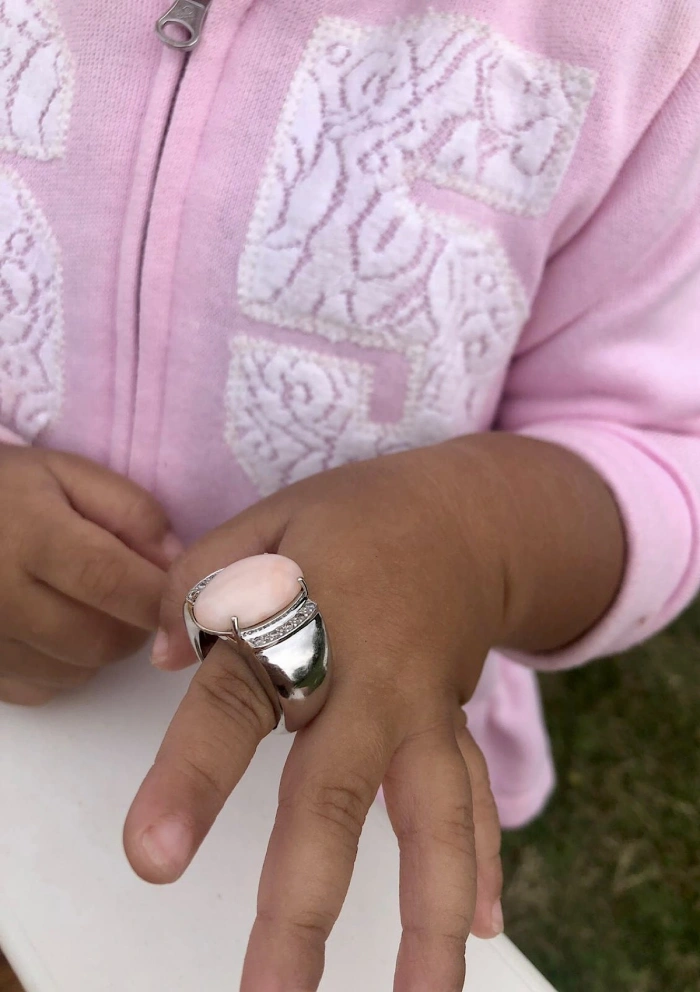 IRENE 18K white gold with diamonds and pink coral ring.