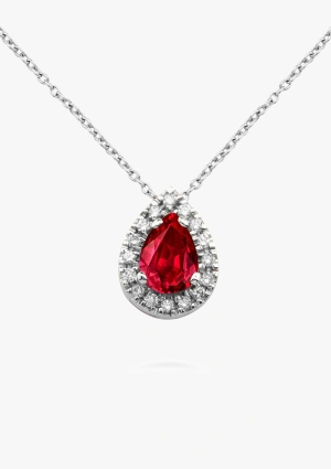 MORAIRA 18K white gold with brilliant cut diamonds crowned by a pear cut ruby pendant