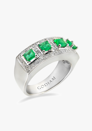 Anel TRÉBOL em ouro branco 18K com diamantes de lapidação brilhante e esmeraldas de corte princesa