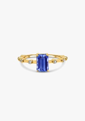 Anel MIRANDA em ouro amarelo de 18K com diamantes de corte brilhante e tanzanita de corte baguete 2