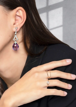 EIFFEL 18K white gold with brilliant cut and briolette almond amethyst drops long earrings 2