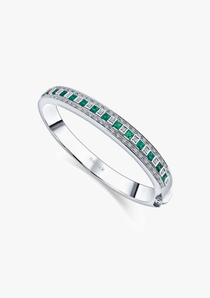 MORRIÑA 18K white gold with interspersed brilliant cut diamonds and princess cut emeralds bangle