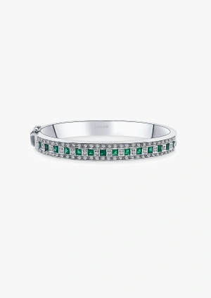 MORRIÑA 18K white gold with interspersed brilliant cut diamonds and princess cut emeralds bangle 2