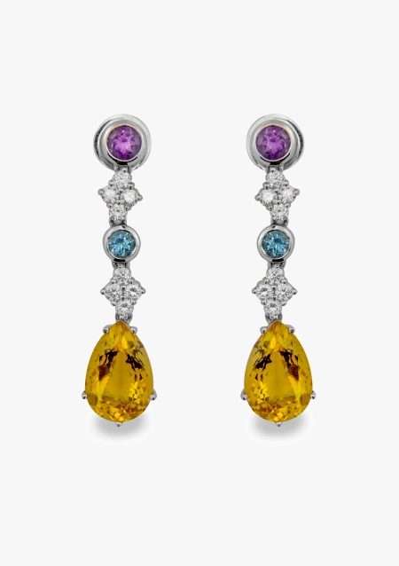 Boucles d'oreilles MALDIVAS en or blanc 18 carats avec diamants taille brillant et améthystes, topazes et citrines