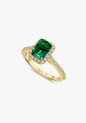 ALTEA 18K gold with brilliant cut diamonds crowned by an octagonal cut colombian emerald halo ring