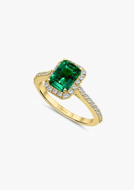 ALTEA 18K gold with brilliant cut diamonds crowned by an octagonal cut colombian emerald halo ring
